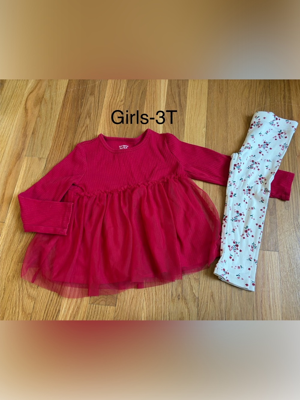 Girls Red Tulle Top & Floral Legging Matching Set - Size 3T